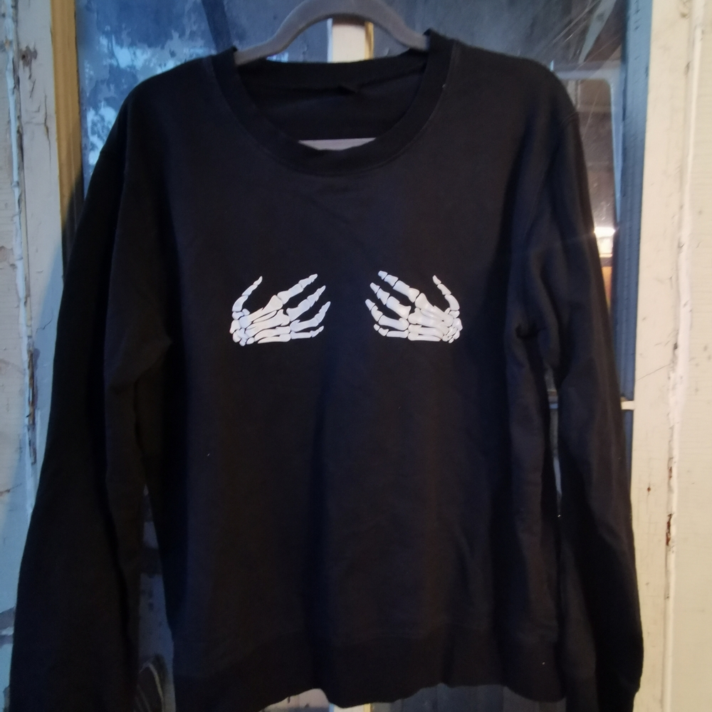 3/10$ Black Goth Crewneck with Skeleton Hand Design